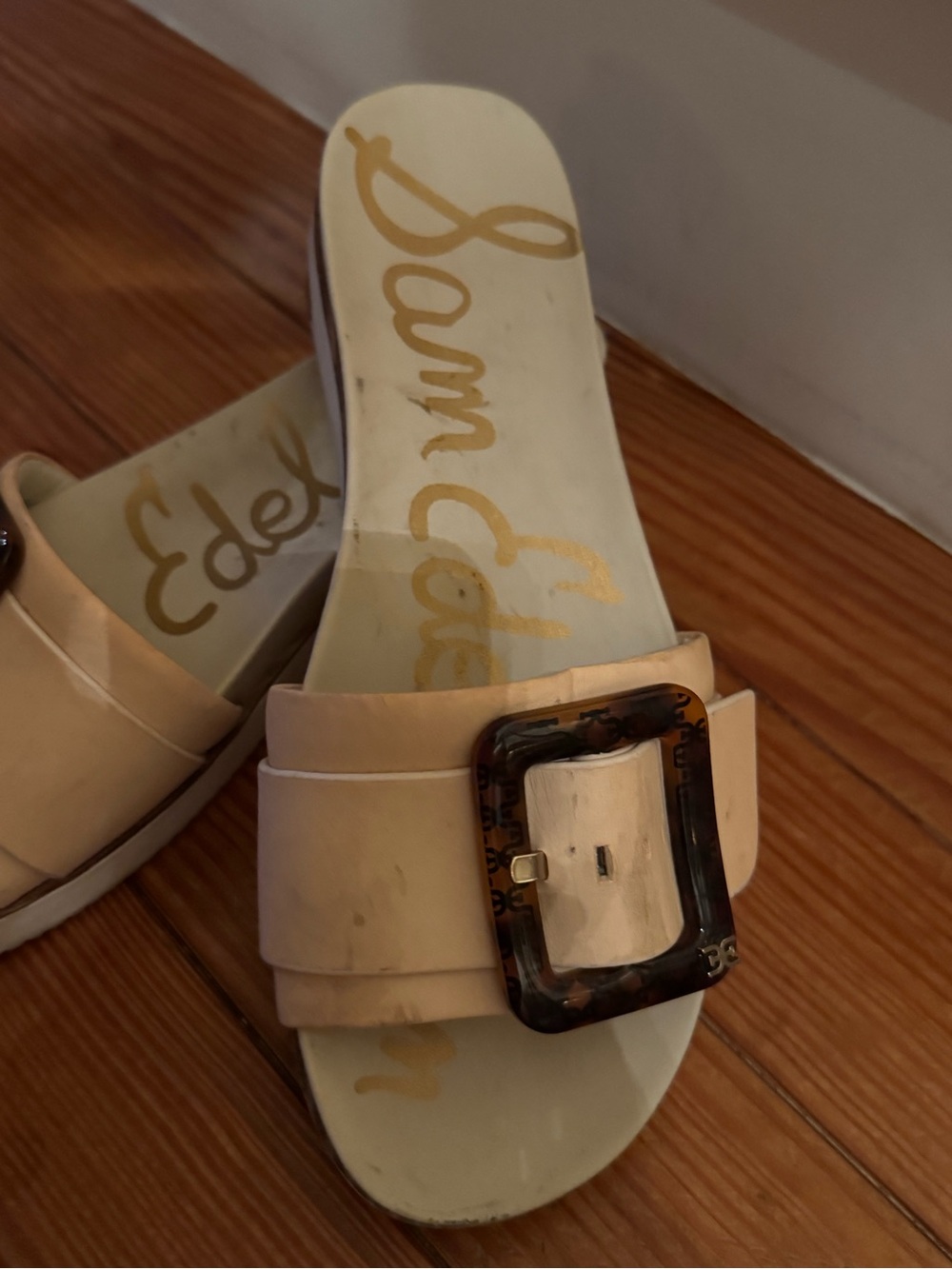 Sam Edelman Cream Slide Sandals with Tortoiseshell Accent Buckle - Picture 9 of 10